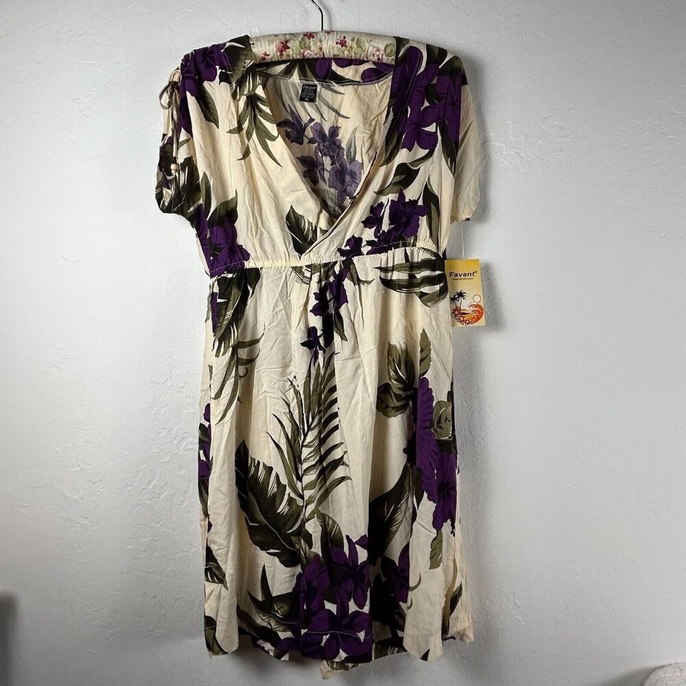 Favant Hawaii Womens XL Cream Purple Floral Tropical Sundress Swim Cover-Up NWT
